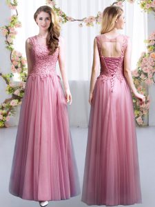 High Quality Tulle Scoop Sleeveless Lace Up Lace Bridesmaid Gown in Pink