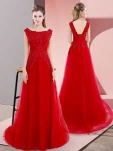 Red Prom Evening Gown Bateau Sleeveless Sweep Train Lace Up