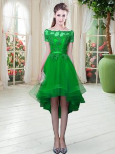 Short Sleeves High Low Appliques Lace Up with Green