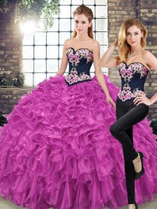 Sweetheart Sleeveless Sweep Train Lace Up Quince Ball Gowns Fuchsia Organza