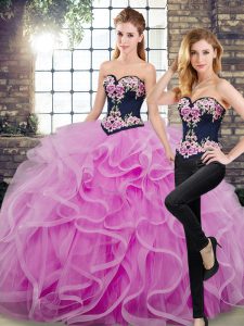 Fine Sweetheart Sleeveless Sweet 16 Dress Floor Length Sweep Train Embroidery and Ruffles Lilac Tulle