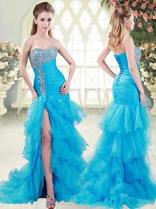 Aqua Blue Mermaid Beading and Ruffled Layers Womens Evening Dresses Lace Up Organza Sleeveless
