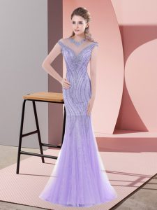 Beading Prom Dress Lavender Lace Up Cap Sleeves Sweep Train