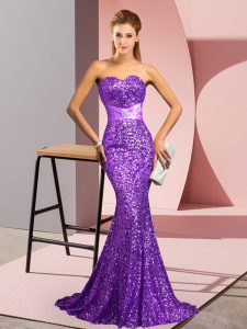 Sleeveless Sequined Sweep Train Backless Prom Dresses in Purple with Beading