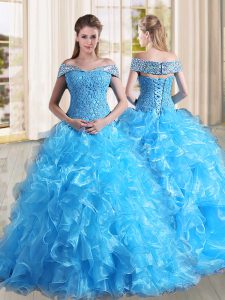 Low Price Sleeveless Organza Sweep Train Lace Up Ball Gown Prom Dress in Baby Blue with Beading and Lace and Ruffles