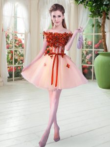 Nice Mini Length Peach Prom Evening Gown Tulle Sleeveless Beading and Appliques