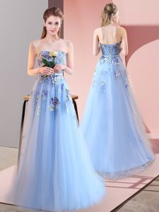 Sweet Floor Length A-line Sleeveless Blue Dress for Prom Lace Up