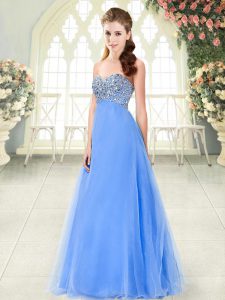 A-line Prom Party Dress Blue Sweetheart Tulle Sleeveless Floor Length Lace Up