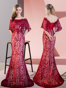 Off The Shoulder Half Sleeves Prom Dresses Sweep Train Lace Red Sequined