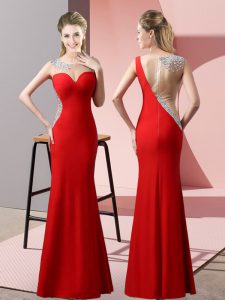 Comfortable Scoop Sleeveless Prom Dresses Floor Length Beading and Pick Ups Red Satin