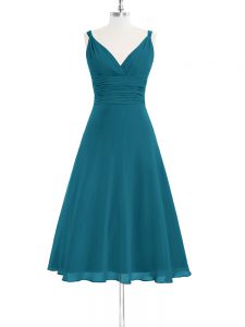 Spectacular Teal A-line Straps Sleeveless Chiffon Knee Length Zipper Ruching Prom Evening Gown