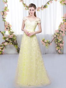 Light Yellow Tulle Lace Up Off The Shoulder Cap Sleeves Floor Length Bridesmaid Gown Appliques