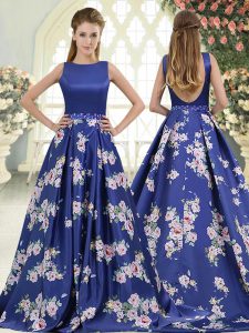 Simple Royal Blue Homecoming Dress Prom and Party with Beading and Pattern Scoop Sleeveless Brush Train Backless