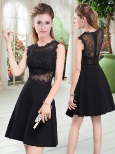 Elegant Black Satin Zipper Evening Dress Sleeveless Mini Length Lace