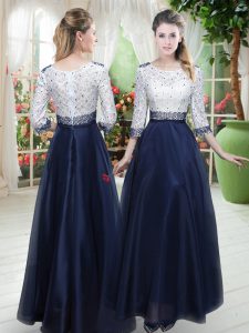 Fabulous Navy Blue 3 4 Length Sleeve Beading and Lace Floor Length Prom Dresses