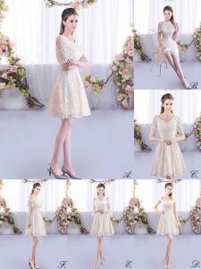 Short Sleeves Lace Up Mini Length Lace Bridesmaids Dress