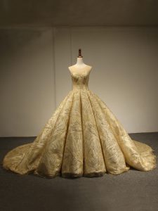 Fantastic Gold Sleeveless Brush Train Sequins Quince Ball Gowns