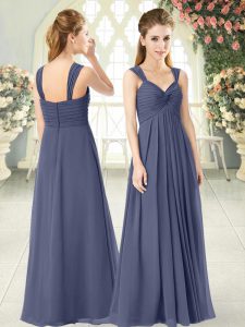 Blue Chiffon Zipper Straps Sleeveless Floor Length Homecoming Dress Ruching