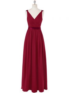 Elegant Floor Length Zipper Prom Dress Wine Red for Prom and Party and Military Ball with Ruching and Belt