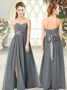 Charming Grey Empire Sweetheart Sleeveless Chiffon Floor Length Zipper Belt Homecoming Dress