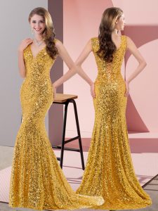 Mermaid Sleeveless Gold Prom Gown Sweep Train Lace Up