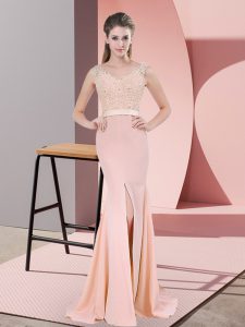 Decent Chiffon V-neck Sleeveless Sweep Train Zipper Beading and Lace Evening Dress in Peach