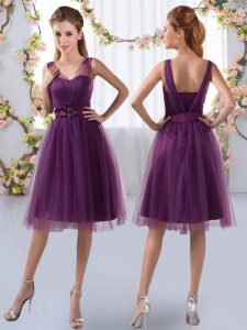 Empire Dama Dress Purple V-neck Tulle Sleeveless Knee Length Zipper