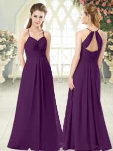 Pretty Purple Sleeveless Floor Length Ruching Zipper Prom Gown