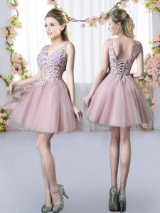 Adorable Sleeveless Mini Length Appliques Lace Up Bridesmaid Gown with Pink
