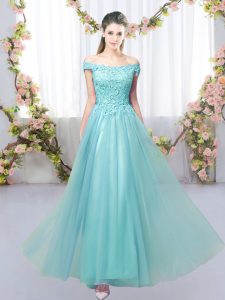 High End Aqua Blue Tulle Lace Up Off The Shoulder Sleeveless Floor Length Bridesmaids Dress Lace