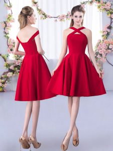 Red Satin Zipper Court Dresses for Sweet 16 Sleeveless Knee Length Ruching