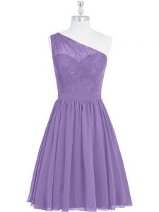 Glorious Lavender Side Zipper One Shoulder Sleeveless Knee Length Prom Gown Lace