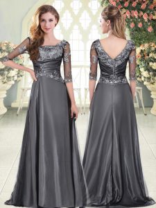 Gorgeous Grey Scalloped Zipper Beading and Lace and Appliques Evening Gowns Half Sleeves
