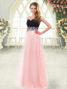 Low Price Baby Pink Tulle Zipper Sweetheart Sleeveless Floor Length Prom Dress Appliques