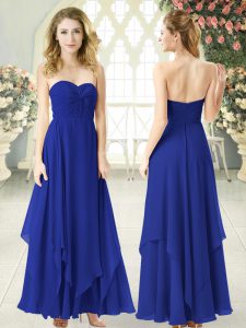 Super Sweetheart Sleeveless Dress for Prom Ankle Length Ruching Royal Blue Chiffon