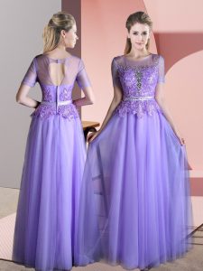 Lavender Backless Evening Dress Beading and Lace Short Sleeves Floor Length