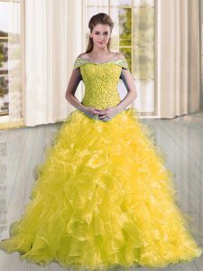 Custom Design Off The Shoulder Sleeveless Sweep Train Lace Up Quinceanera Gown Yellow Organza