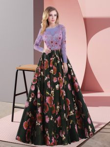 Stylish Multi-color Long Sleeves Printed Sweep Train Lace Up Homecoming Dress for Prom and Party and Military Ball
