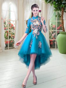Nice Teal Tulle Zipper High-neck Half Sleeves High Low Prom Gown Appliques