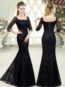 Sweet Black Lace Up Dress for Prom Beading and Lace Half Sleeves Sweep Train
