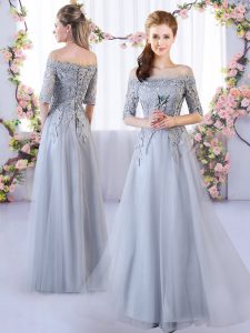 Grey Bridesmaid Dress Prom and Party with Appliques Off The Shoulder Half Sleeves Lace Up