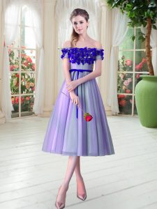 Dramatic Sleeveless Tulle Tea Length Lace Up in Lavender with Appliques