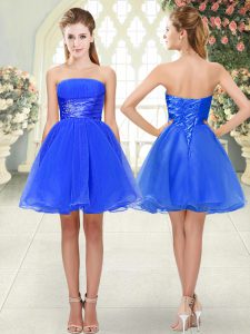 A-line Homecoming Dress Blue Strapless Organza Sleeveless Mini Length Lace Up