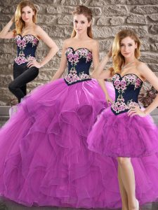 Fine Purple Three Pieces Sweetheart Sleeveless Tulle Floor Length Lace Up Beading and Embroidery Quinceanera Gowns