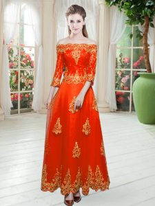 Glittering Orange Red Tulle Lace Up Off The Shoulder 3 4 Length Sleeve Floor Length Lace