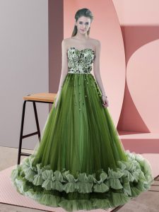 Green Tulle Lace Up Sweetheart Sleeveless Prom Dress Sweep Train Beading and Appliques