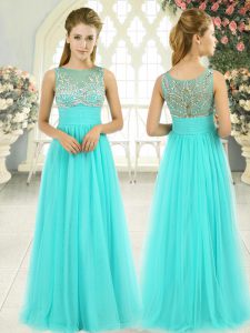 Beading Prom Dress Aqua Blue Backless Sleeveless Floor Length