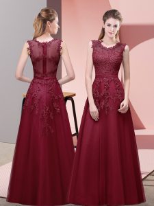 Scoop Sleeveless Prom Party Dress Floor Length Lace and Appliques and Belt Burgundy Tulle