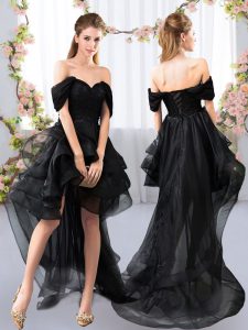 High Low Black Vestidos de Damas Tulle Short Sleeves Lace and Ruffled Layers