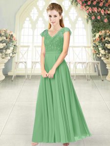 Sophisticated Green V-neck Zipper Lace Dress for Prom Cap Sleeves